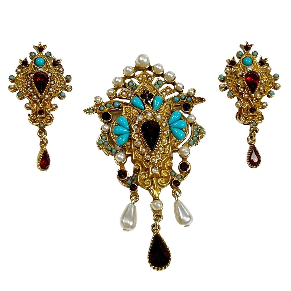 Vintage Rare Coro Pegasus Brooch & Clip Drop Earring Set Mughal Jewels Gold Tone